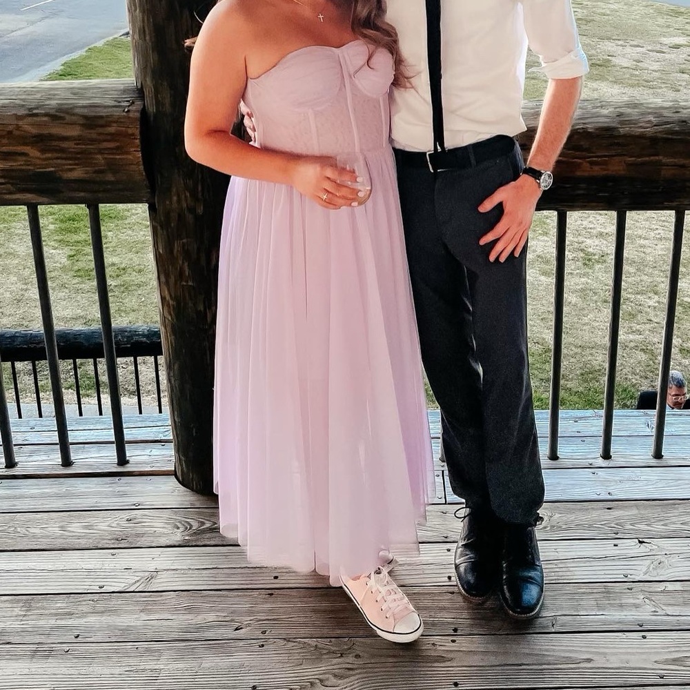 Lavender strapless tulle maxi wedding guest dress, homecoming dress.
